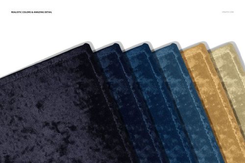 Top view of six marbled velvet rugs in a PSD mockup, arranged in a row with shades of blue, gold, and gray.