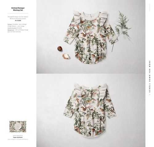 PSD mockup showing a knitted baby romper featuring a woodland animal and leaf print, styled with natural elements.
