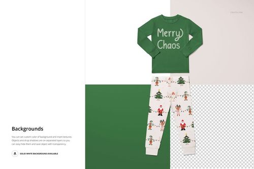 Toddler pajama set mockup with green long-sleeve top featuring white text and festive patterned pants, front view.