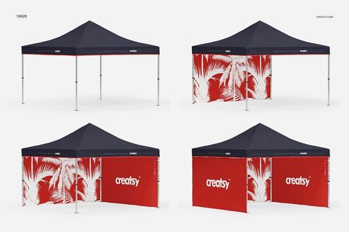 Set of pop up tent mockups displaying various sizes, navy roofs, and red or white panels with tropical leaf designs.