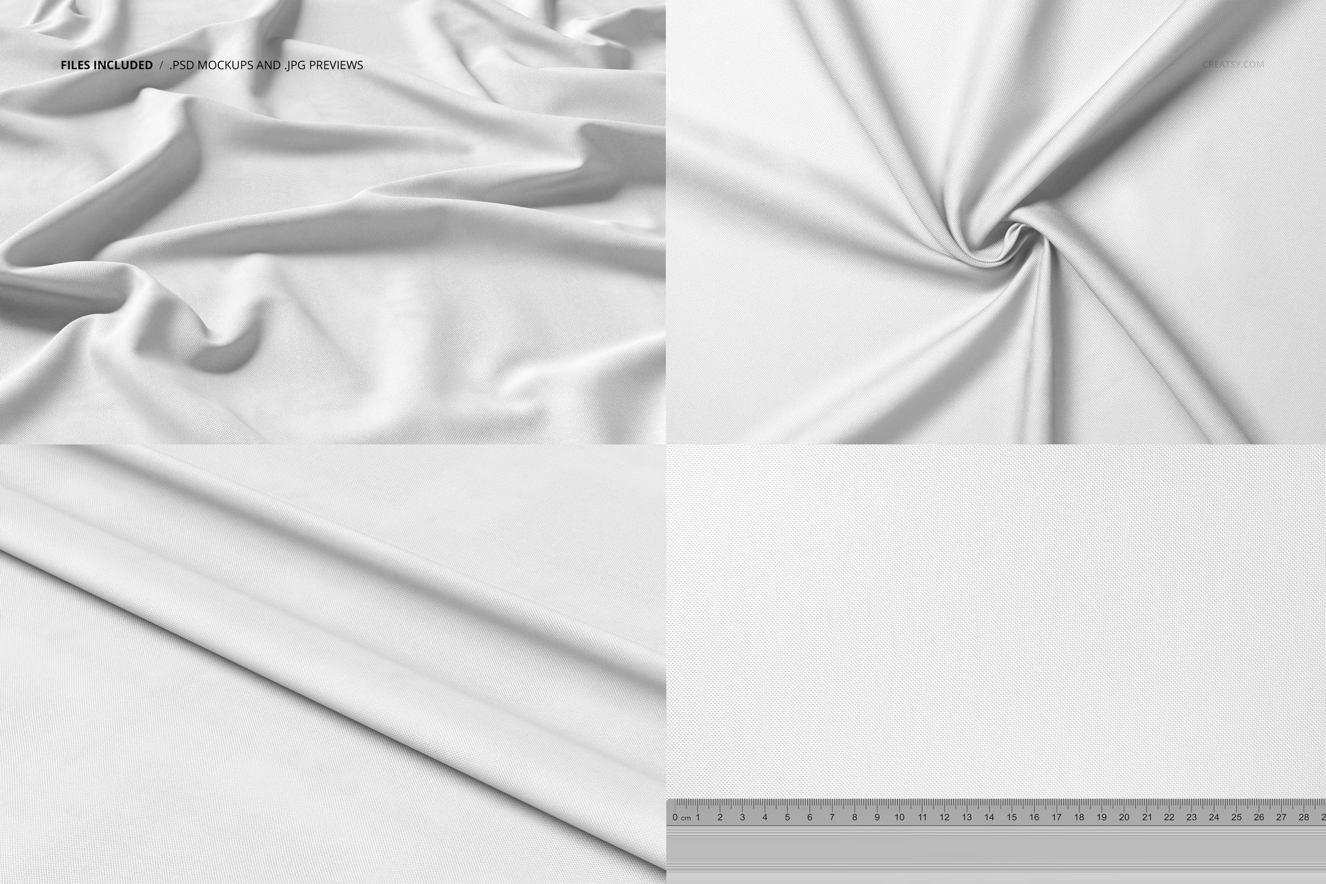 Polyester drapery curtains fabric mockup set with four views showing smooth, white textile surfaces and folds.