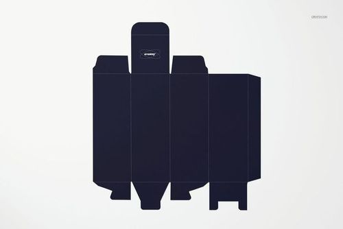 Flat lay of a black cosmetic box mockup with unfolded panels and visible creases, set against a clean white backdrop.