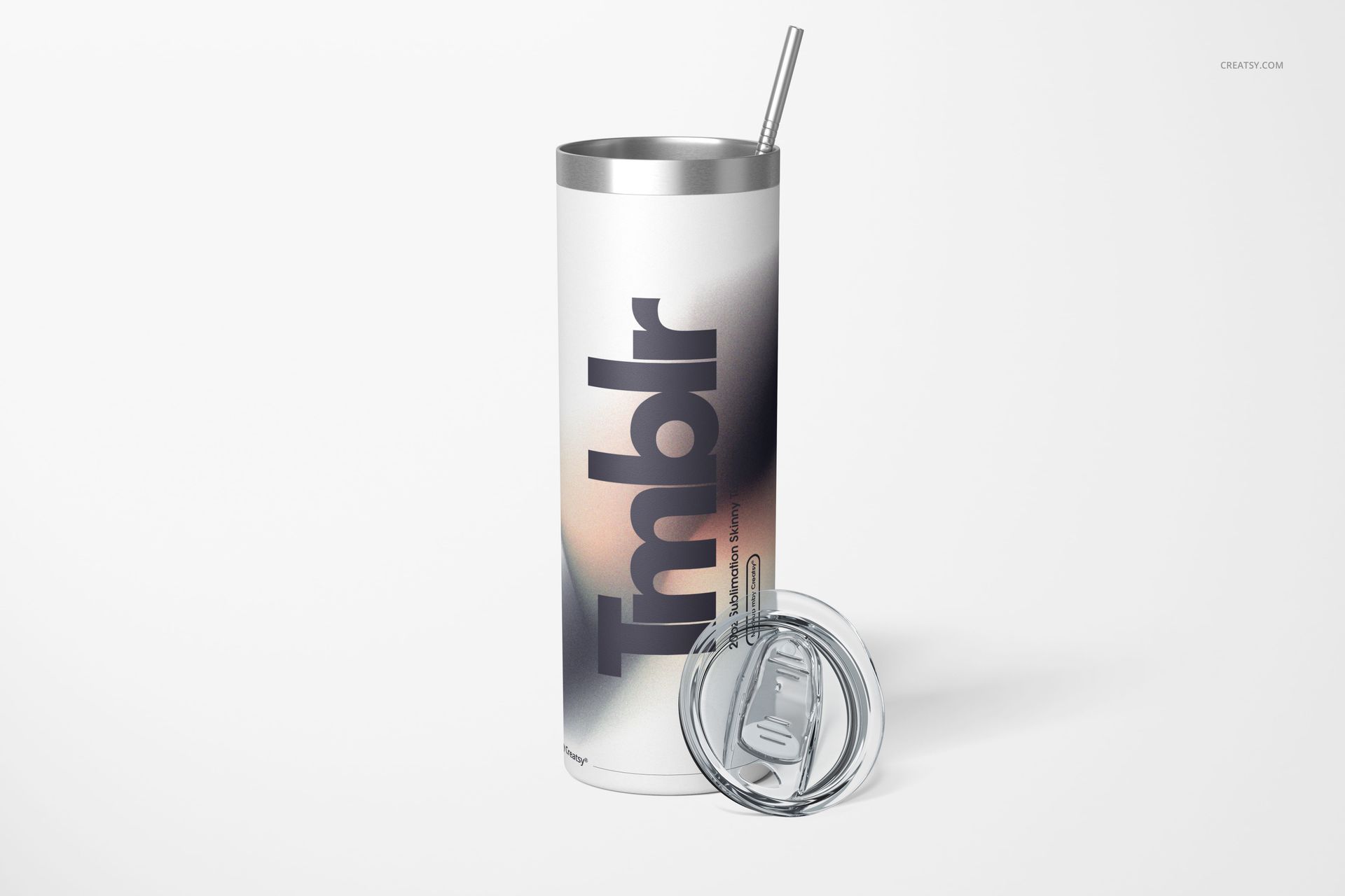 Skinny powder coated tumbler with a stainless steel lid and straw, shown upright on a white background with a detached lid.