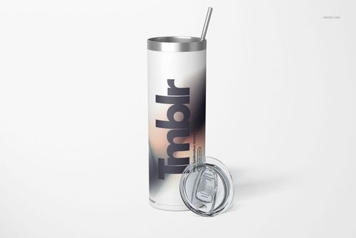 Skinny powder coated tumbler with a stainless steel lid and straw, shown upright on a white background with a detached lid.