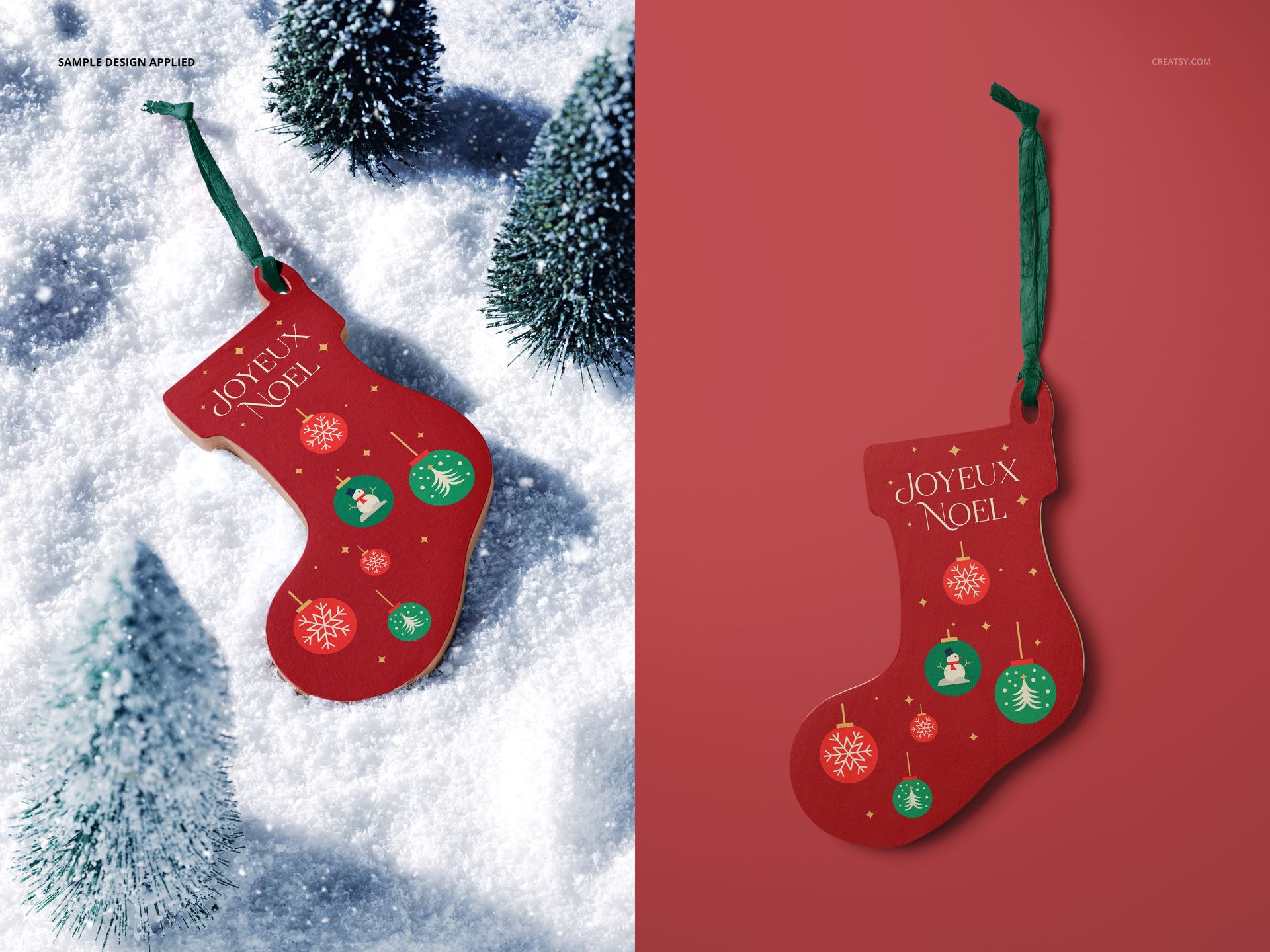 Red wooden stocking ornament with Christmas designs and green string, shown on snow and plain background mockup.