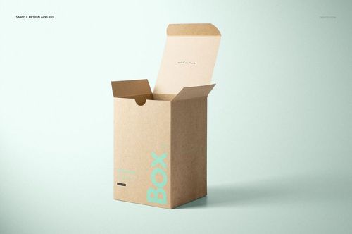 Kraft tuck top gift box mockup shown upright with open flap, light brown surface and minimal blue text design.