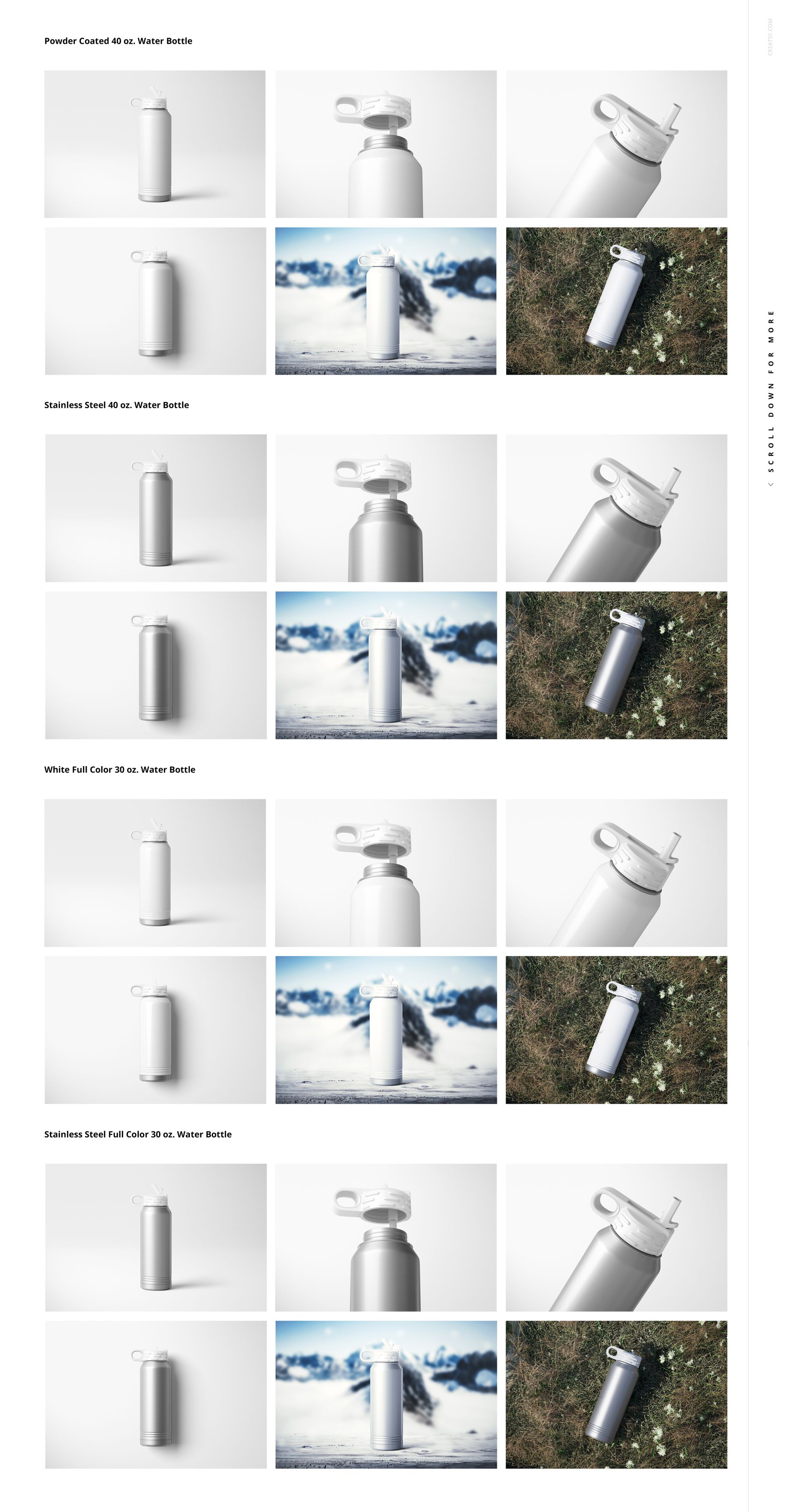 Water bottle mockup bundle featuring powder-coated and stainless steel bottles in front and top views, with nature props.
