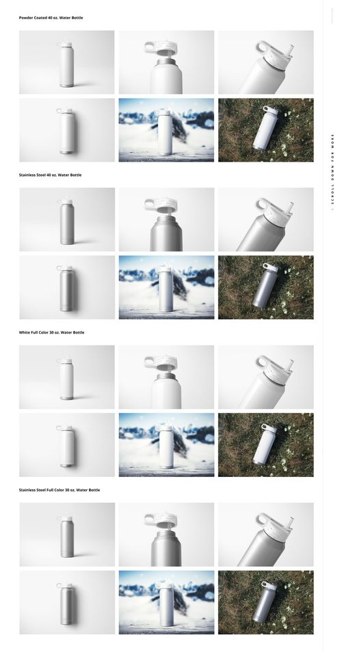 Water bottle mockup bundle featuring powder-coated and stainless steel bottles in front and top views, with nature props.