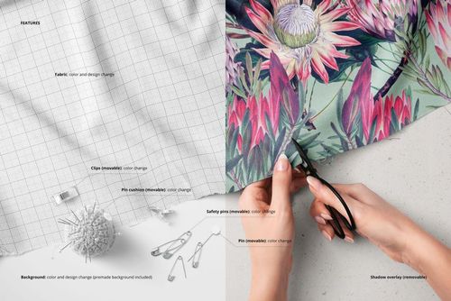 Top view of hands cutting colorful floral fabric with scissors on a light surface, fabric mockup shown beside grid-patterned textile and sewing props.