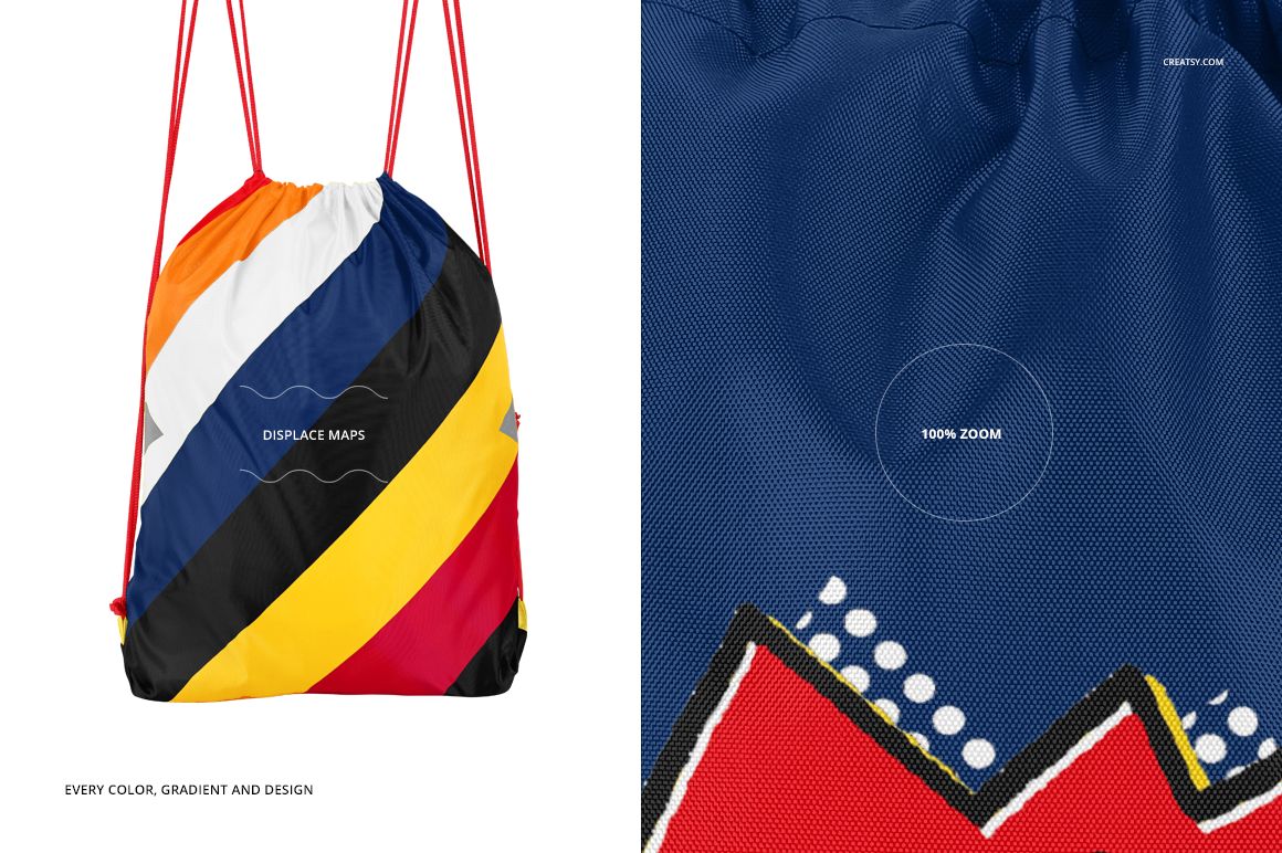 PSD mockup of a drawstring backpack displaying vibrant diagonal stripes and a zoomed-in section highlighting material details.