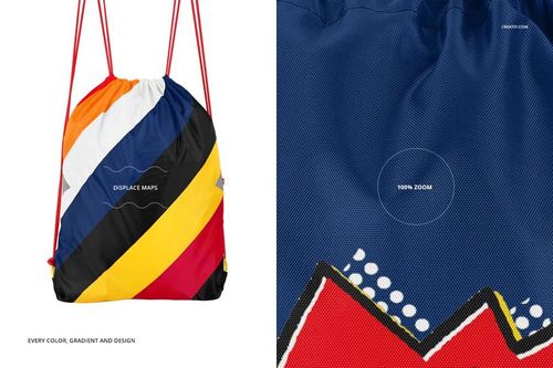 PSD mockup of a drawstring backpack displaying vibrant diagonal stripes and a zoomed-in section highlighting material details.