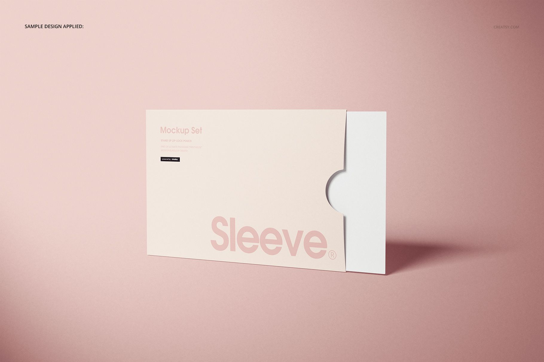 Rectangular stationery sleeve mockup on a soft pink background, shown from a front angle with subtle shadows.