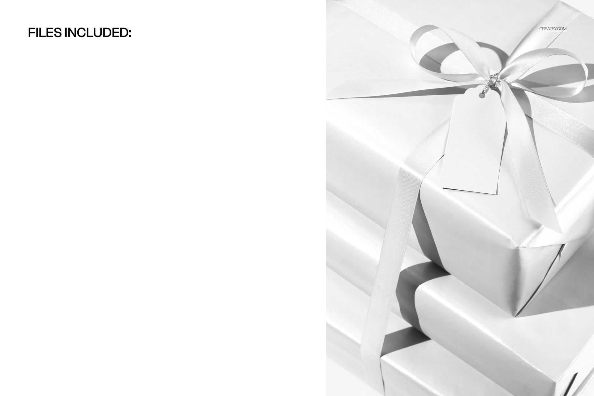 White gift boxes arranged in a pile, each decorated with satin ribbon and a plain gift tag, Christmas mockup scene.