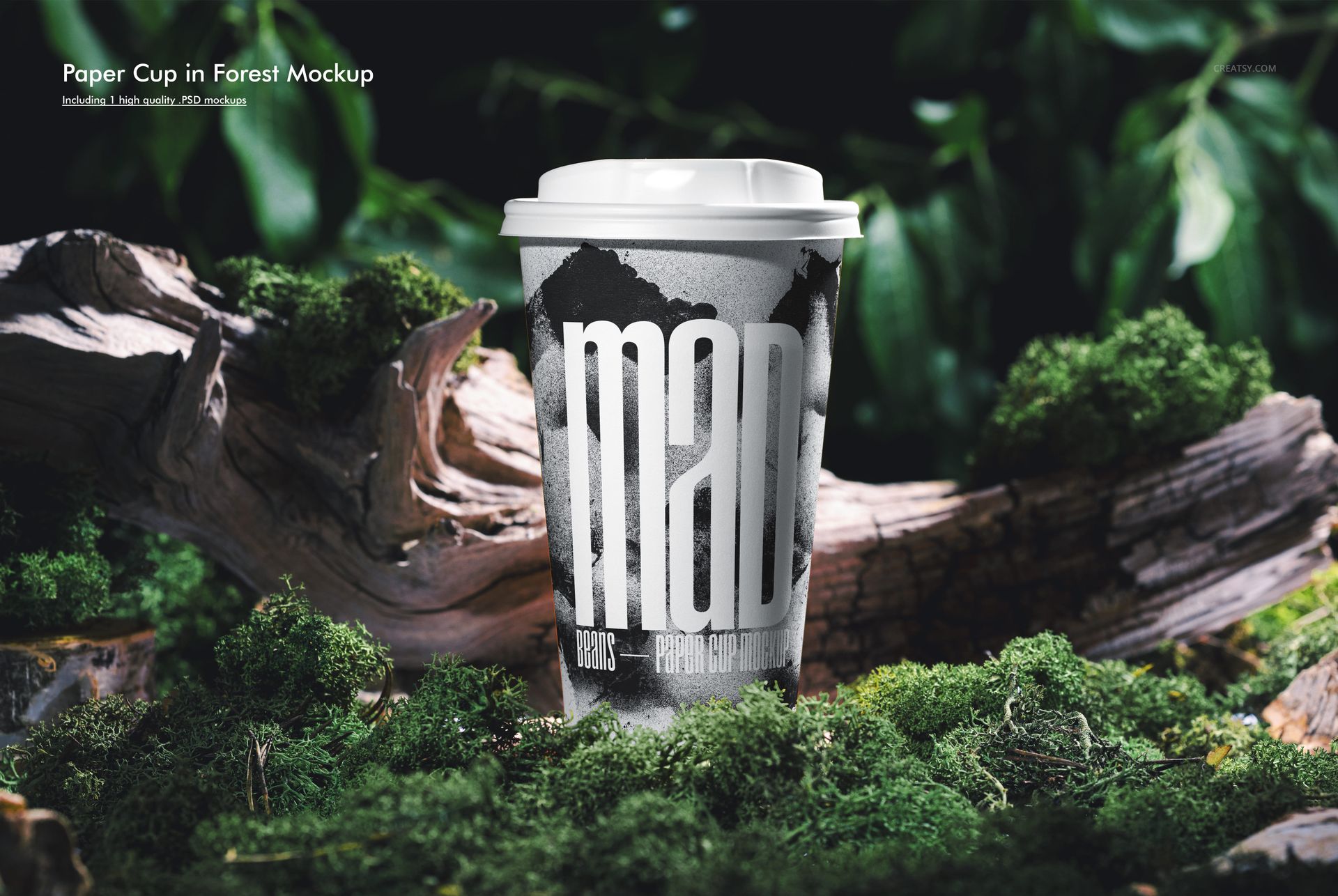Paper cup mockup featuring a white lid and bold monochrome artwork, set on moss and surrounded by natural greenery.