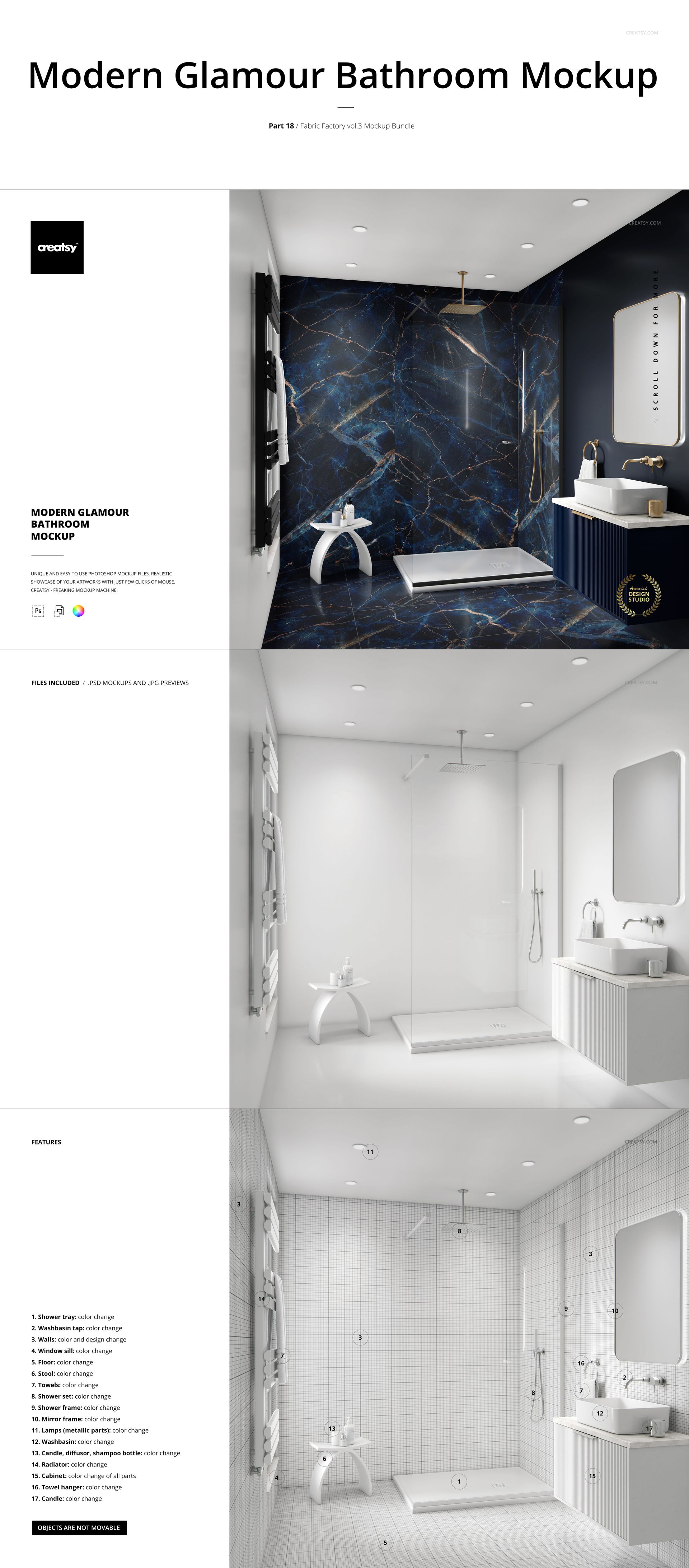 Bathroom mockup scene featuring three wall and floor designs, including dark marble, plain white, and tiled patterns.