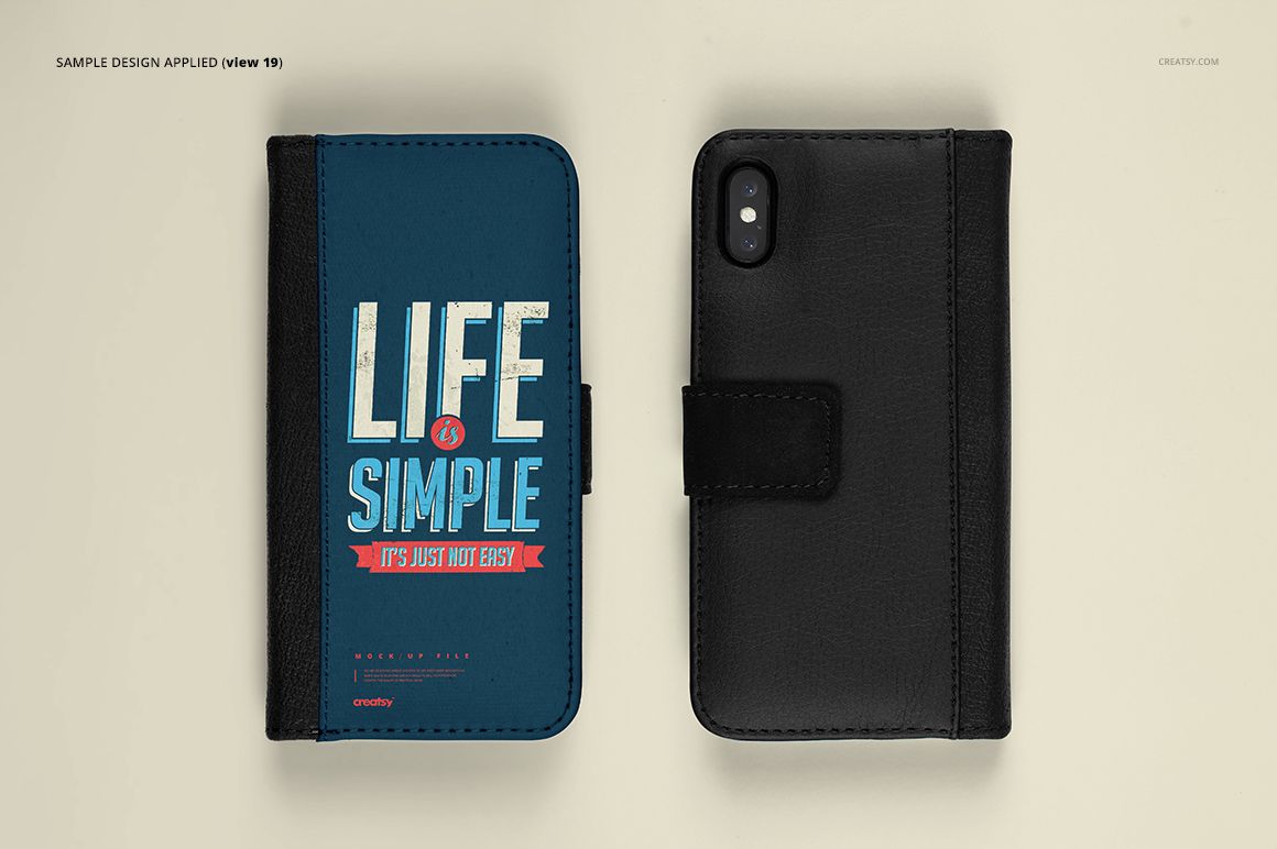 Foldable iPhone X case mockup shown in two views, one with a blue front cover and text design, one in solid black.