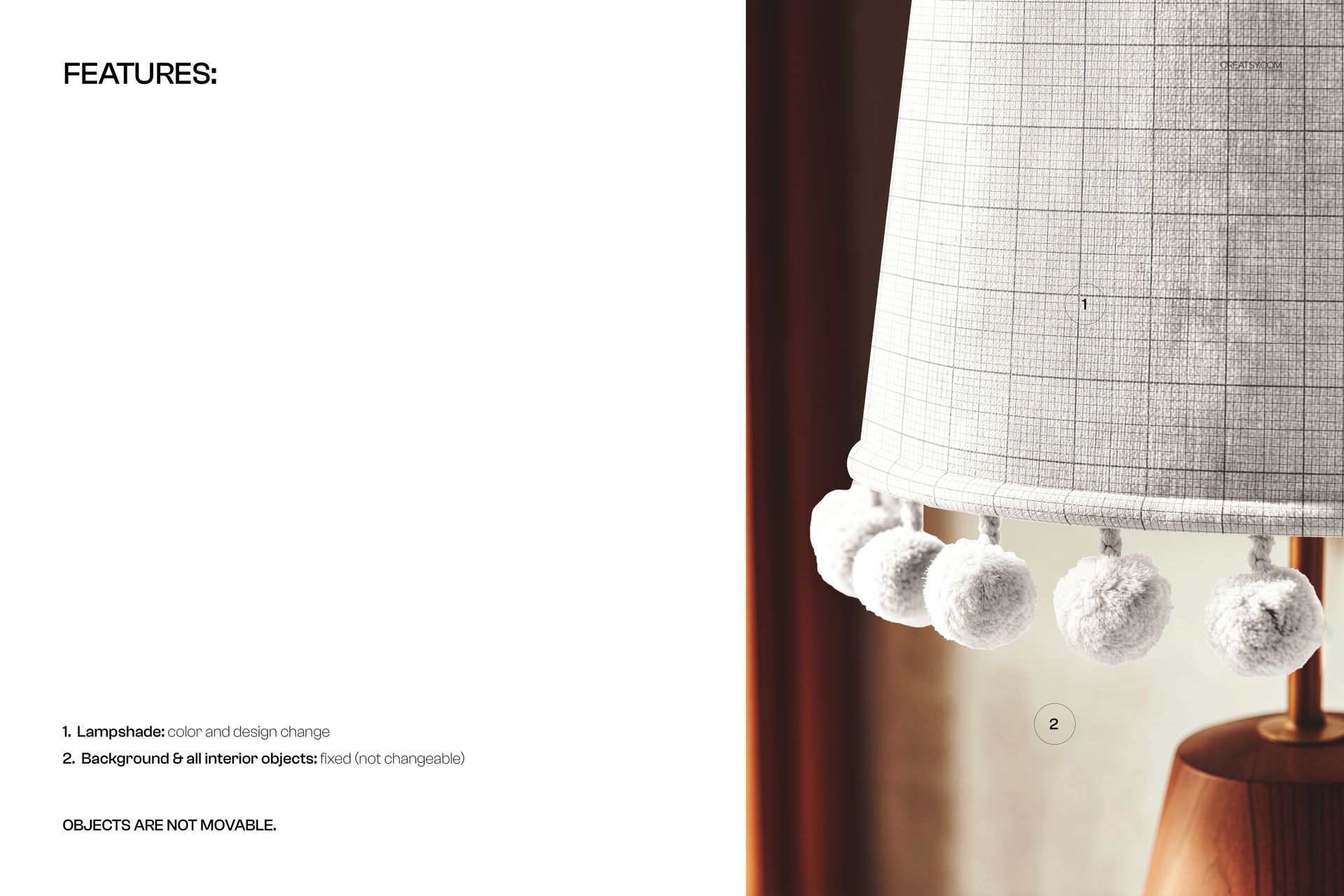 Velvet lampshade mockup featuring a light grid pattern and soft pom pom trim, captured from a side angle indoors.