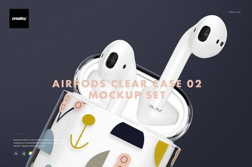 Mockup of a transparent AirPods case featuring geometric shapes, displayed with AirPods on a dark background.