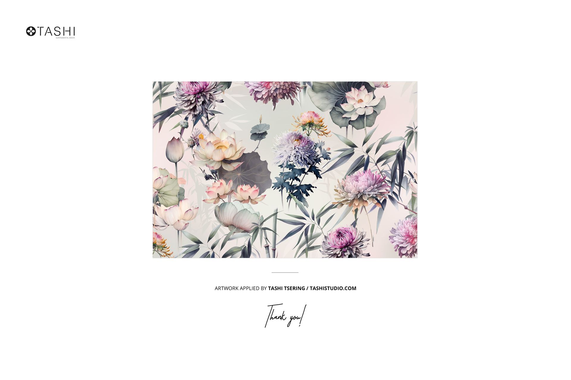 Rolled cotton fabric mockup featuring a botanical floral pattern in soft pink, purple, and green tones, front view.