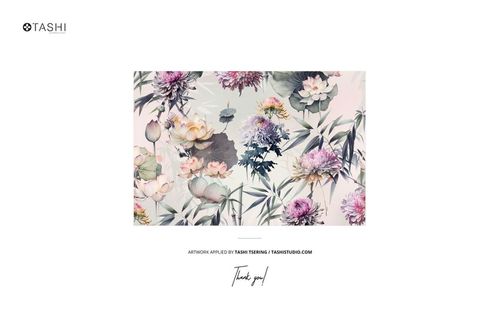 Rolled cotton fabric mockup featuring a botanical floral pattern in soft pink, purple, and green tones, front view.