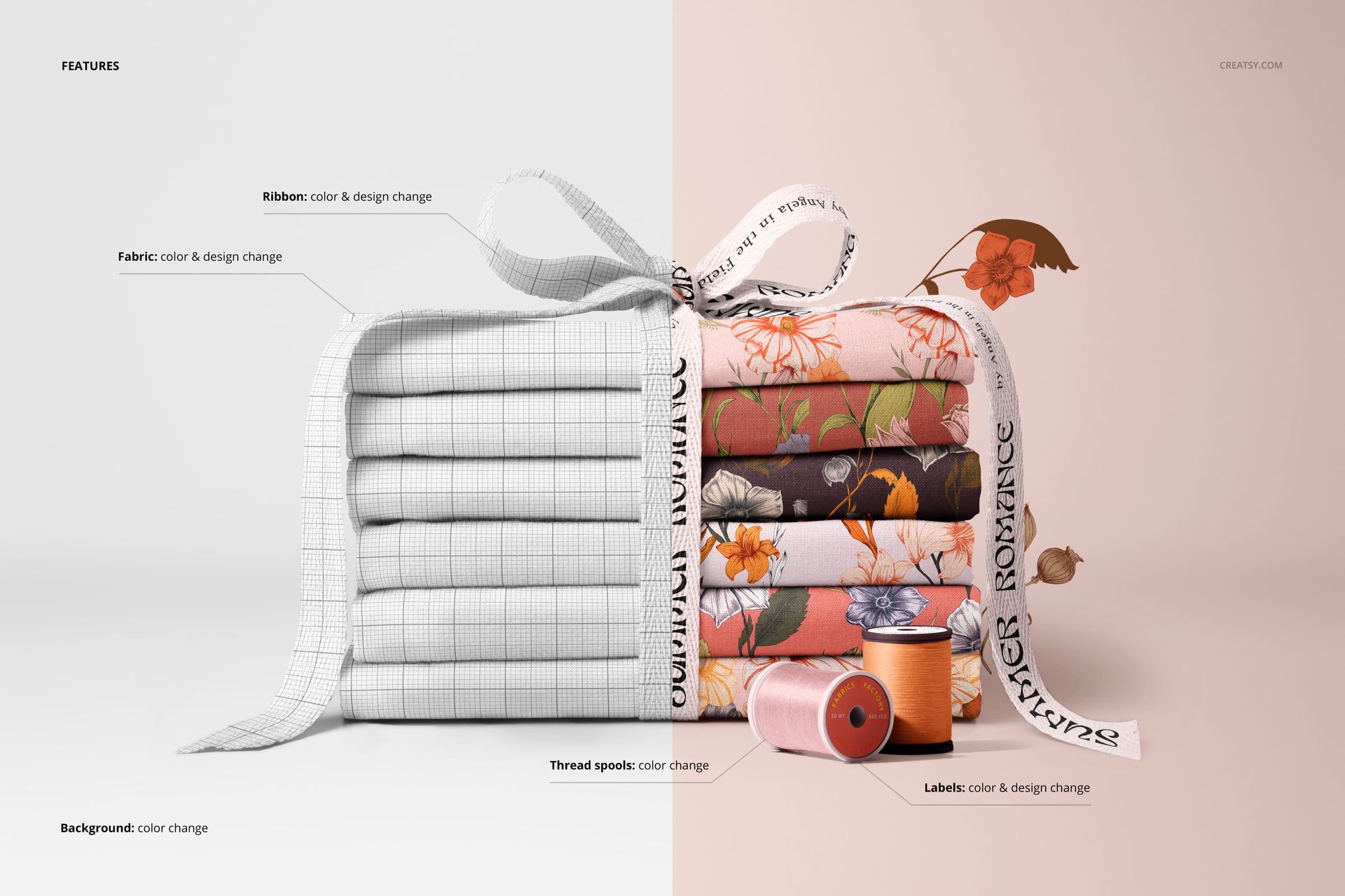 PSD mockup of neatly stacked fabrics tied with a ribbon, with spools and labels placed beside the colorful textiles.