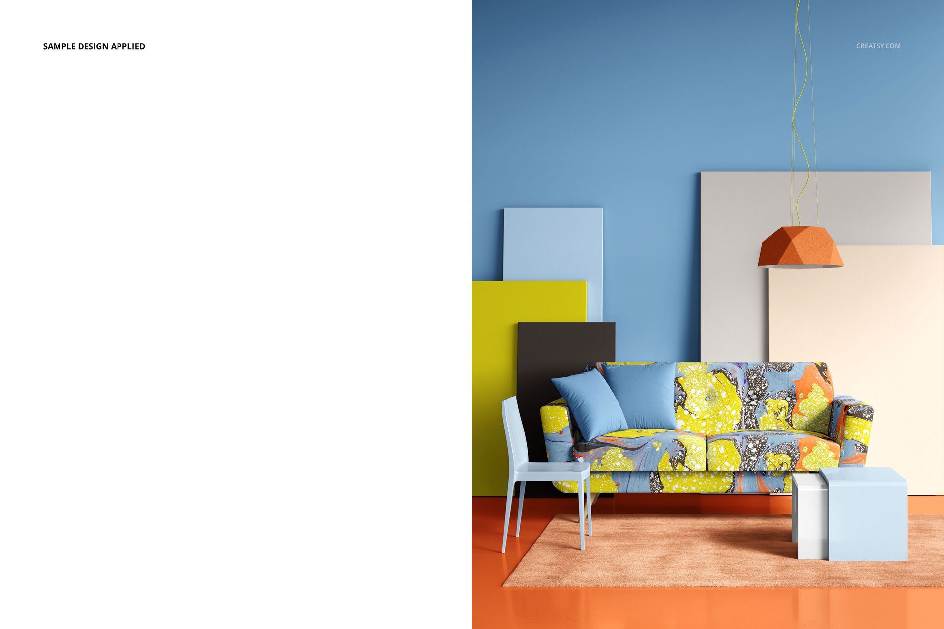 Contemporary sofa mockup featuring vibrant abstract upholstery, blue wall background, orange lamp, and assorted panels.