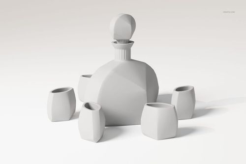 Retro-style liquor set featuring a geometric decanter with stopper and five matching cups, front view on white background.