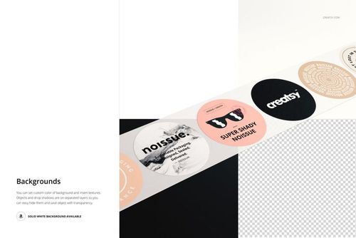 A row of round stickers featuring different patterns and colors arranged on tape, presented in a PSD mockup scene.