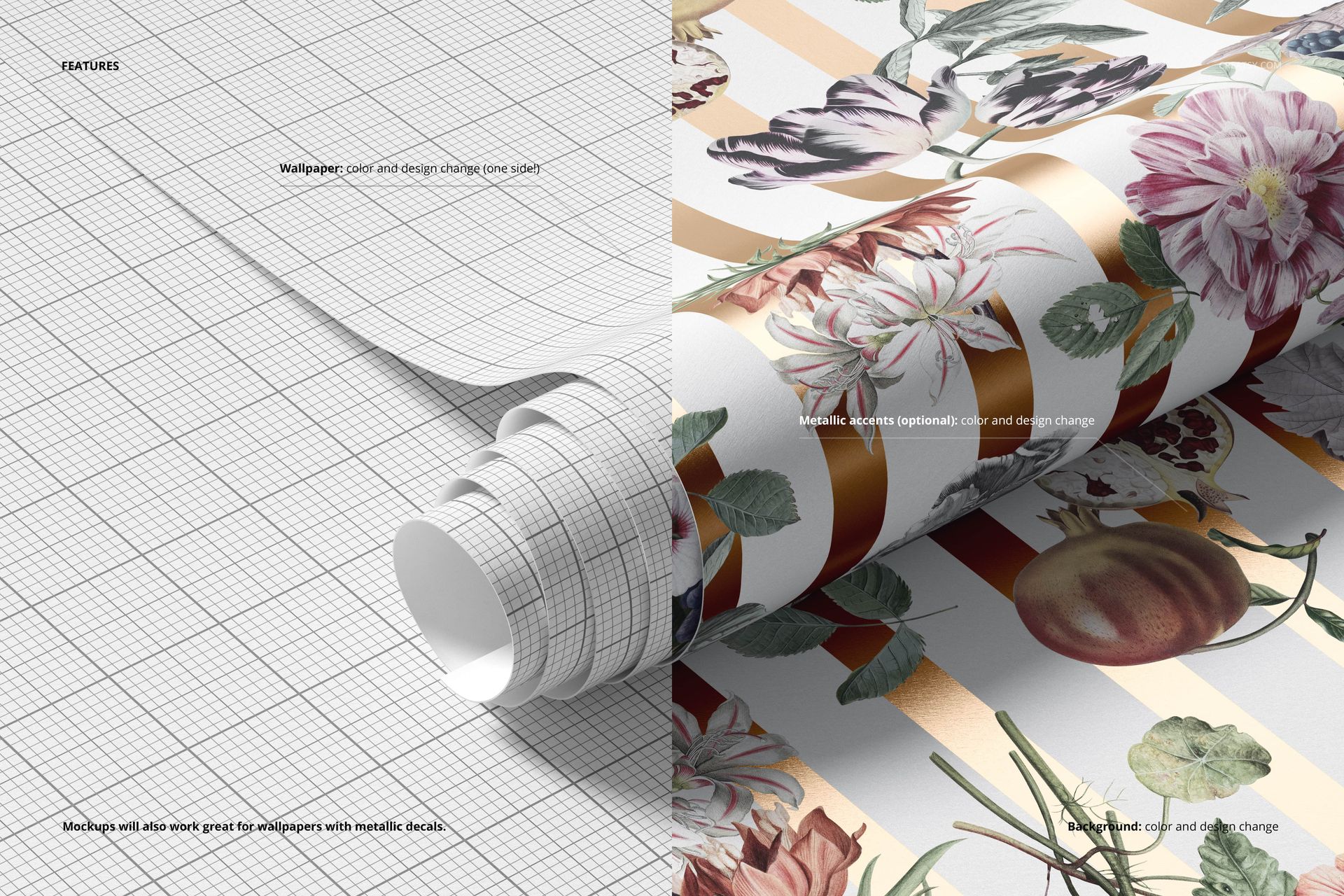 Rolled paper wallpaper mockup showing grid pattern on the left and floral design with metallic stripes on the right.