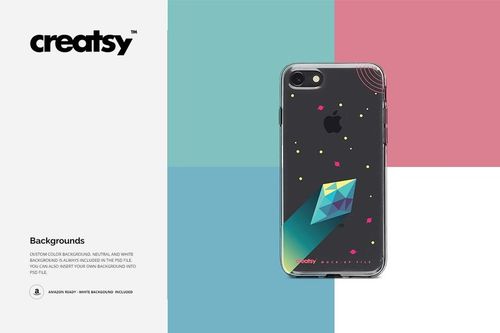 Clear iPhone 8 case with geometric rocket design, shown from the back on a split pastel background mockup scene.