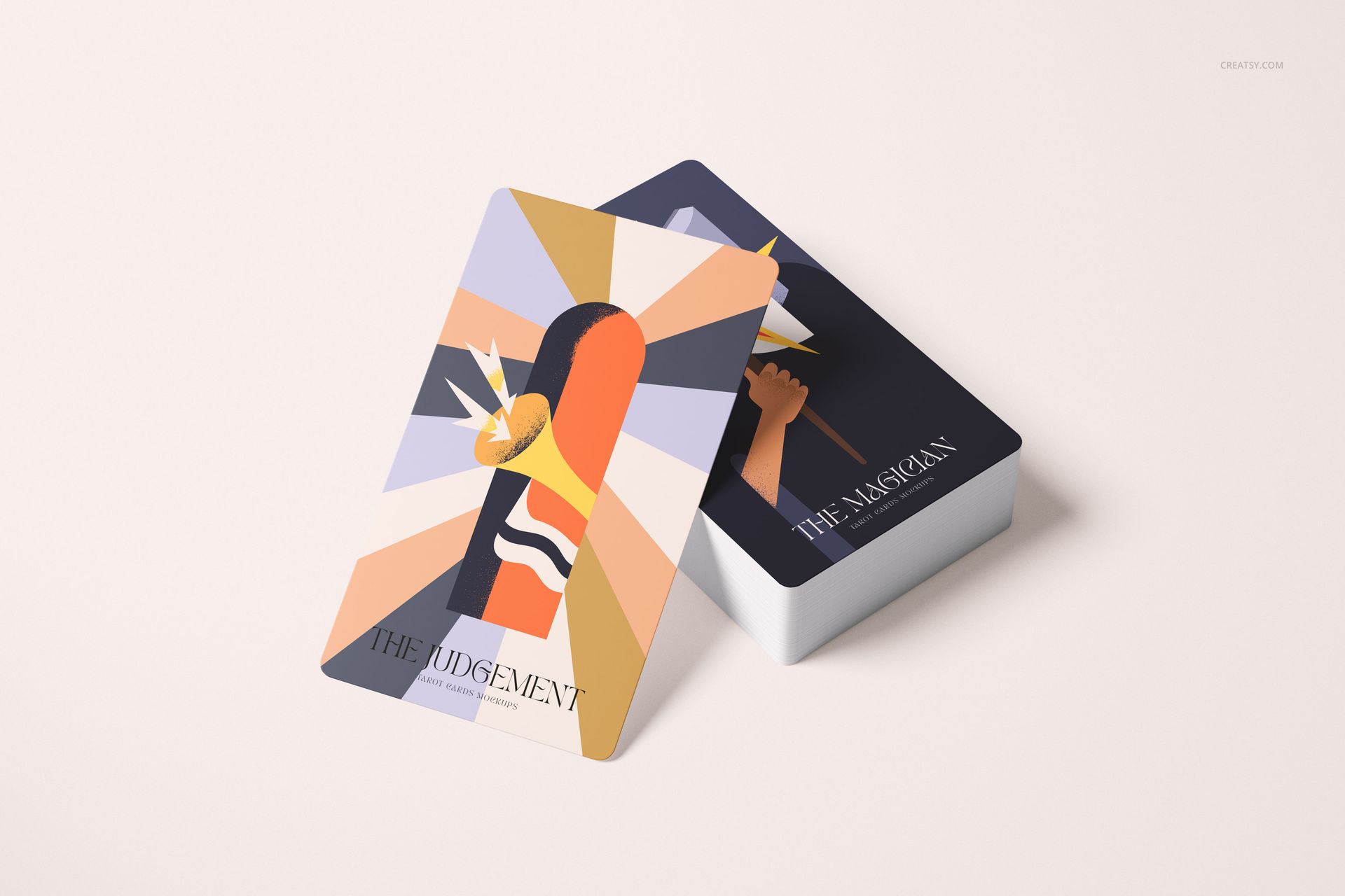 Modern tarot card mockup showing colorful illustrations and bold shapes, arranged on a neutral background.