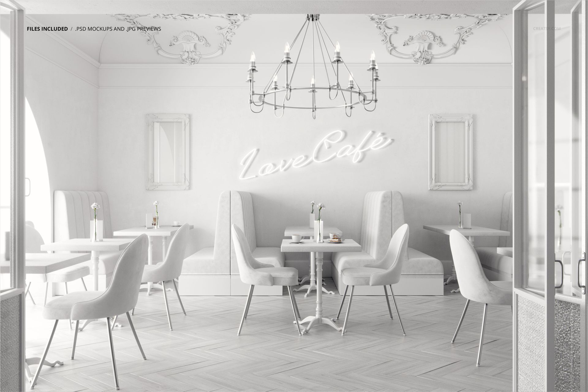 Front view of a cafe interior wallpaper mockup featuring white chairs, tables, and a chandelier in a bright setting.