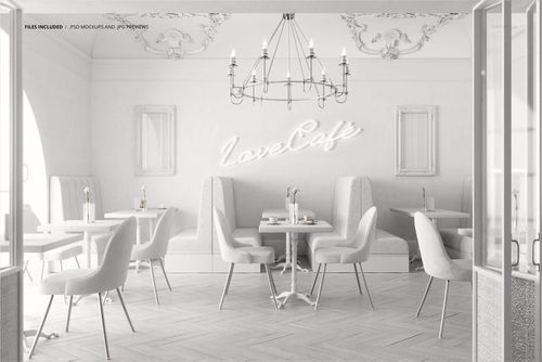 Front view of a cafe interior wallpaper mockup featuring white chairs, tables, and a chandelier in a bright setting.