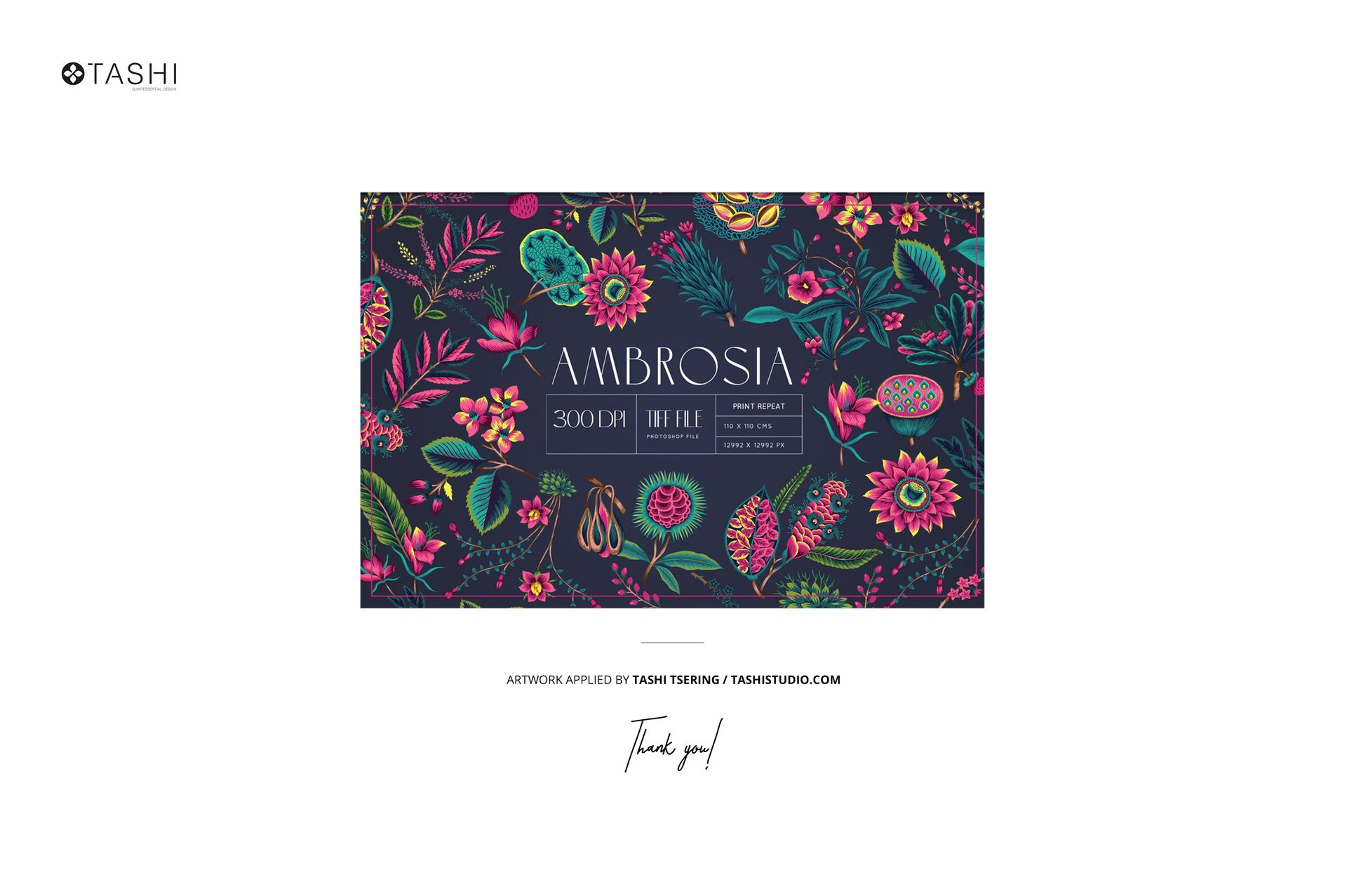 Rectangular mockup featuring a vibrant floral pattern with pink, green, and yellow flowers on a dark background.