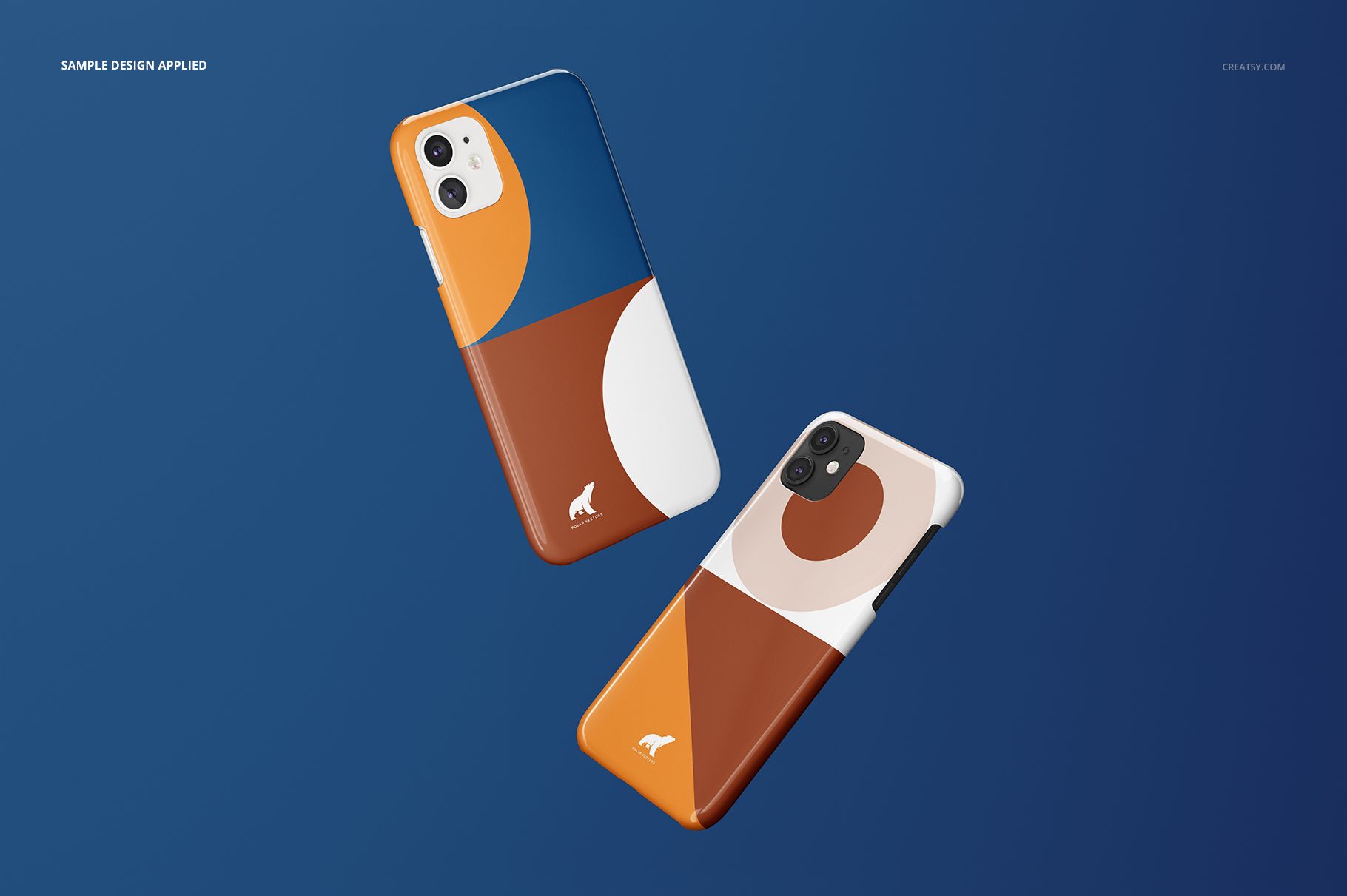 iPhone 11 mockup set showing two phones with shiny cases in bold geometric shapes and earthy tones on a dark blue surface.
