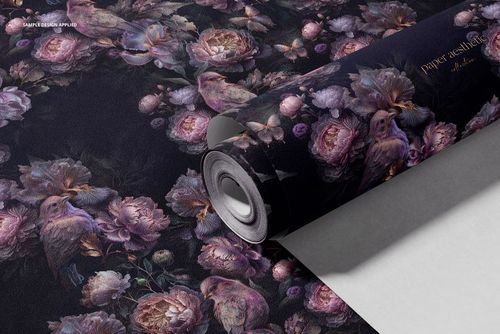 Close-up of a non-woven vinyl wallpaper mockup with purple flowers and birds, partially unrolled on a white surface.