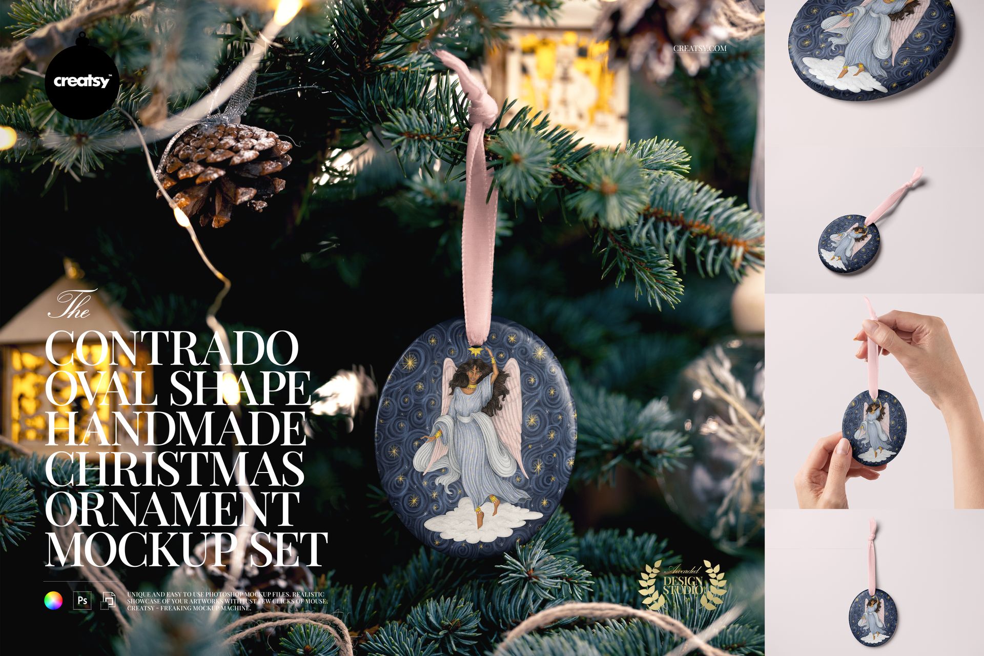 Contrado oval ornament mockup set showing a dark patterned ornament with pink ribbon on a Christmas tree and in hand.