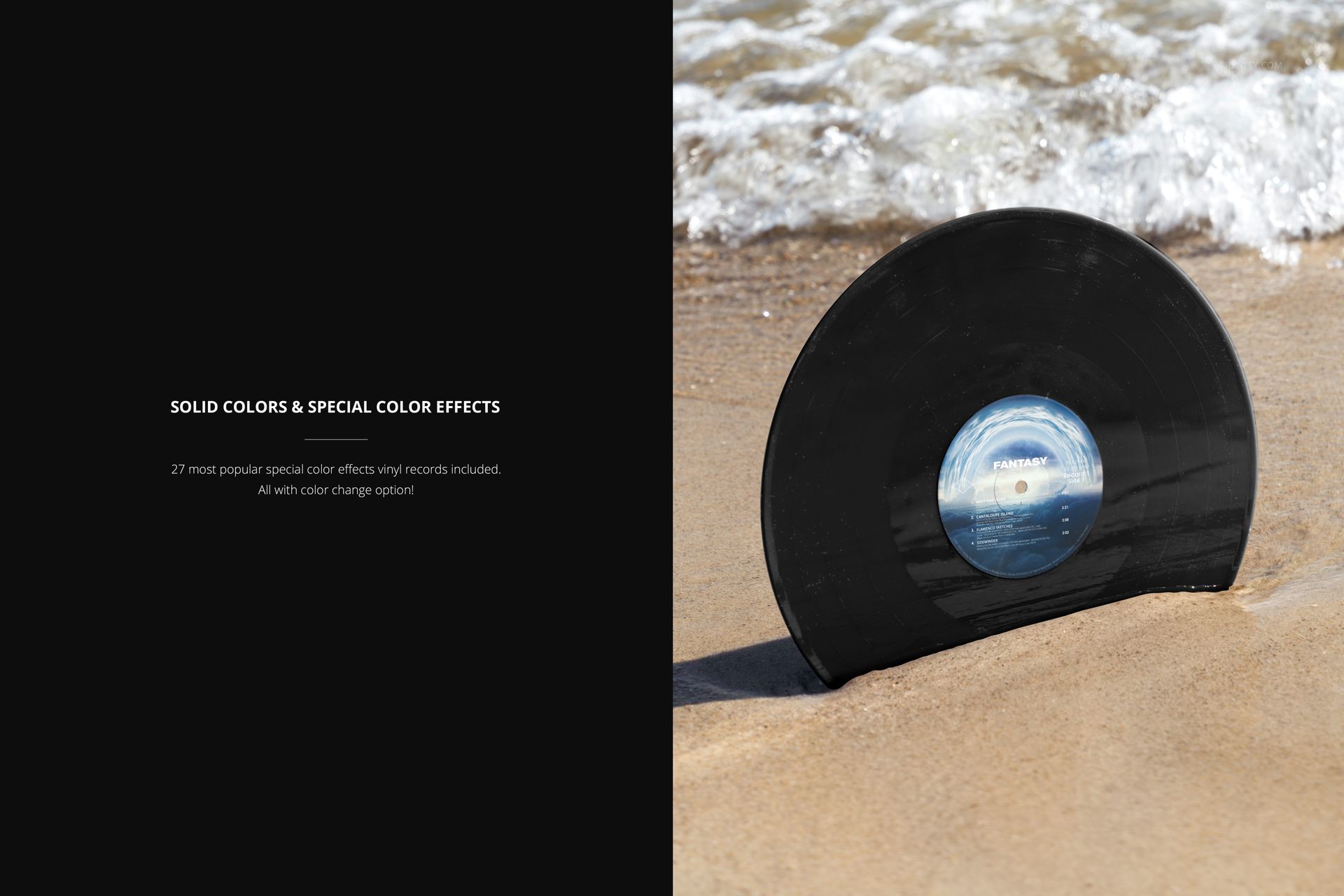 PSD mockup showing a vinyl record embedded in sand on a beach, with blue sea waves visible behind the record.