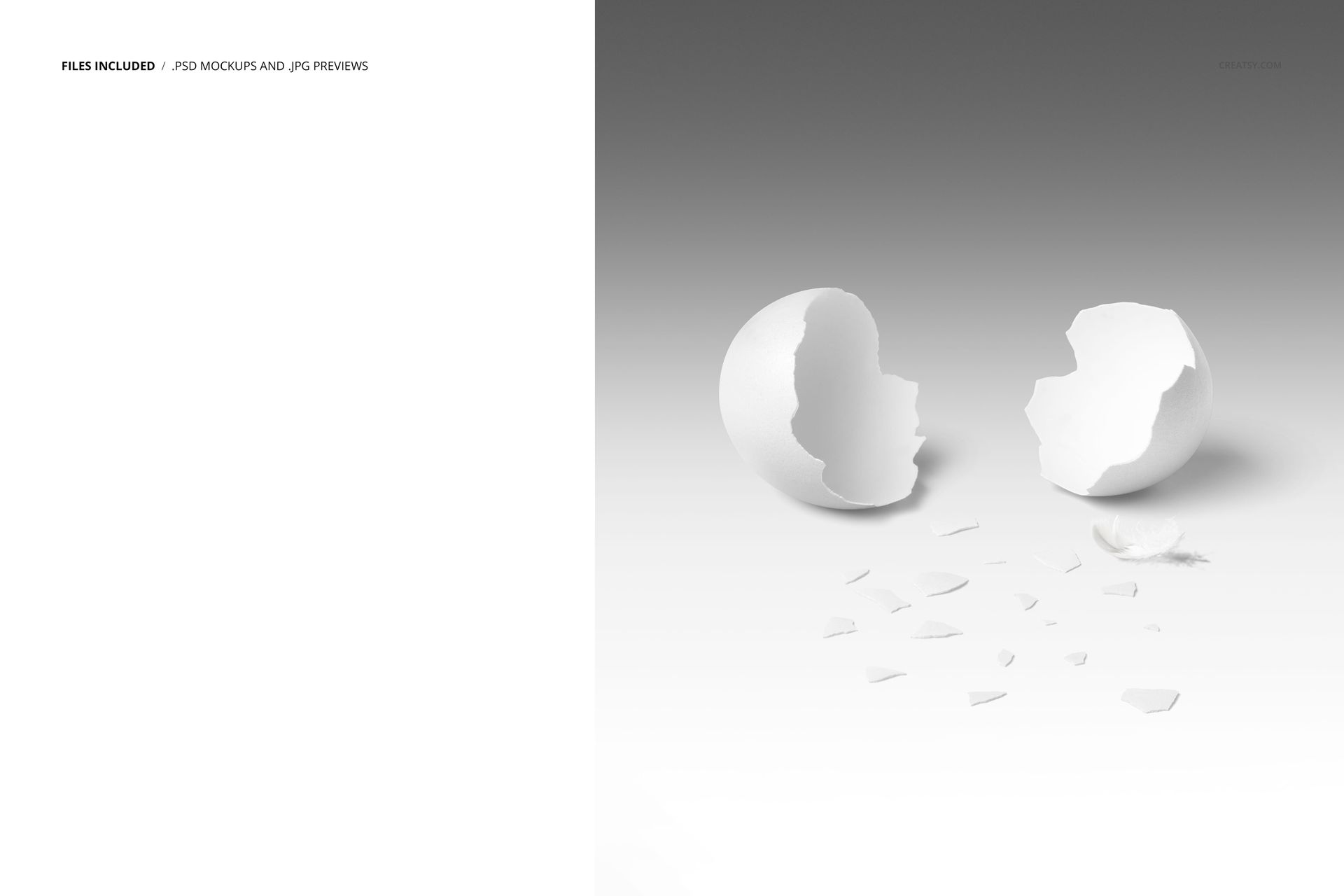 PSD mockup showing a broken white egg with pieces of shell and a feather on a gradient gray surface.