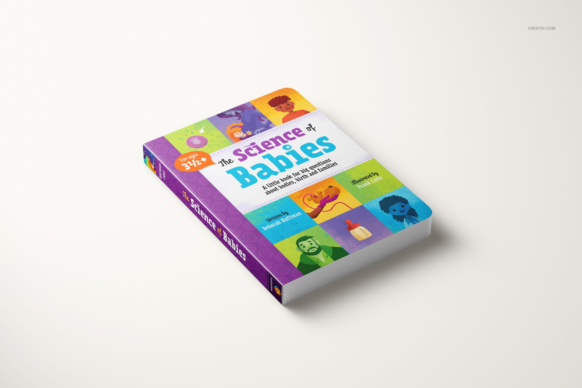 Colorful board book mockup displayed on a light background, cover includes playful graphics and bold title.