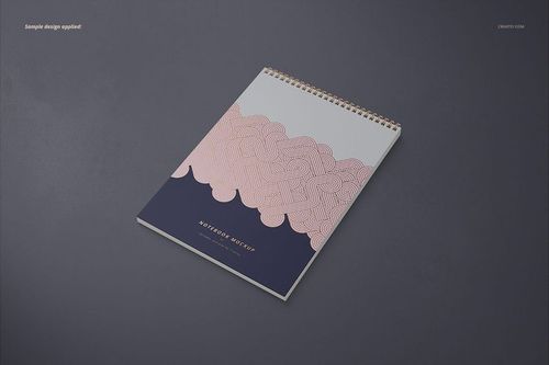 Mockup of an A4 vertical spiral notebook featuring a wavy pink and navy design, shown in perspective on a dark background.