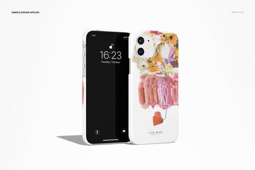 PSD mockup showing iPhone 12 matte snap cases with bright floral patterns, positioned upright and slightly angled.