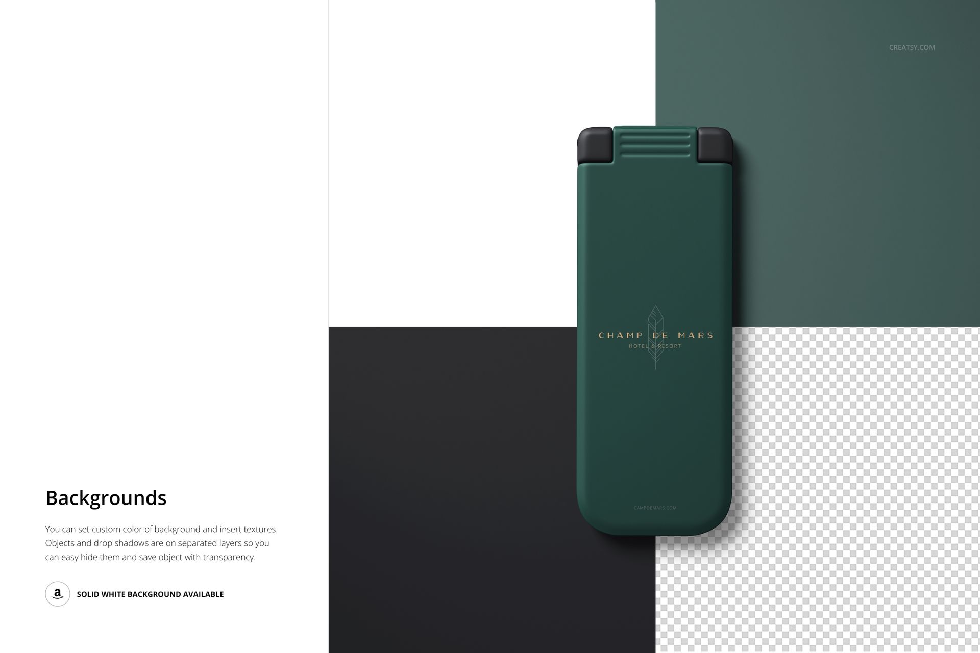 Folding lint brush with shoe horn displayed closed, dark green color, top view on split background mockup.