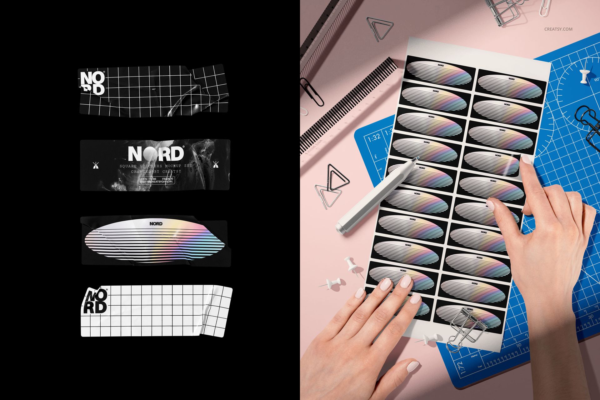 Assorted rectangular sticker mockups featuring grid and abstract designs, shown both on a sheet and as single pieces.