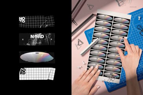 Assorted rectangular sticker mockups featuring grid and abstract designs, shown both on a sheet and as single pieces.