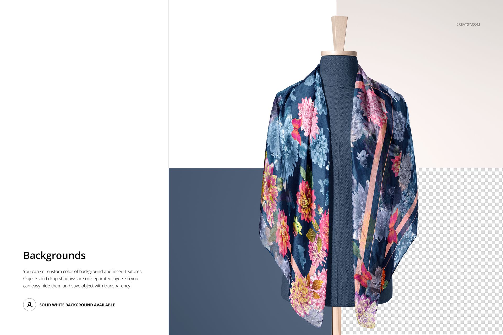 Front view of a habotai silk scarf with colorful floral pattern draped over a mannequin, mockup display.