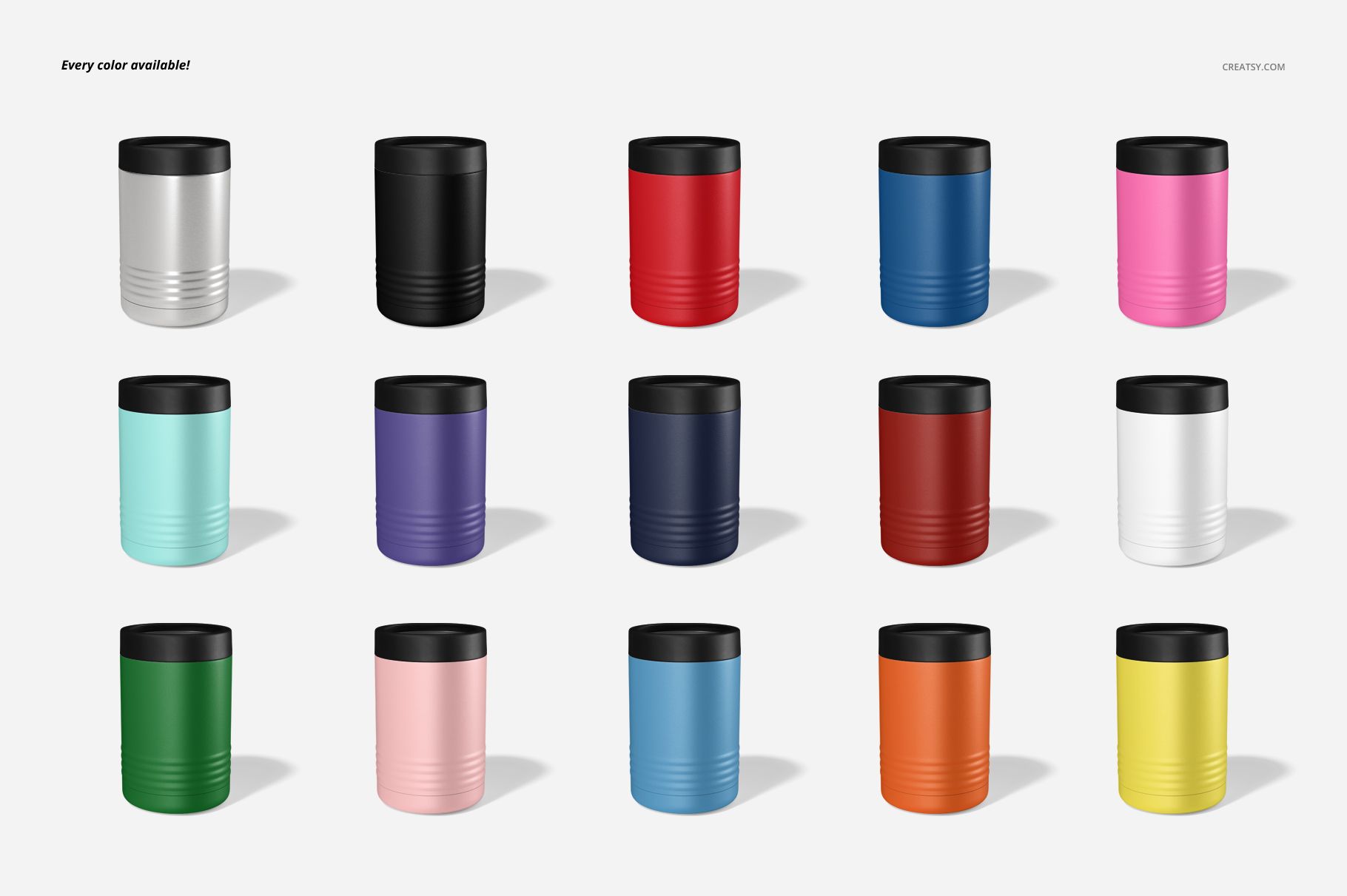 PSD mockup showcasing multiple drink can holders in different colors, neatly lined up on a plain surface.