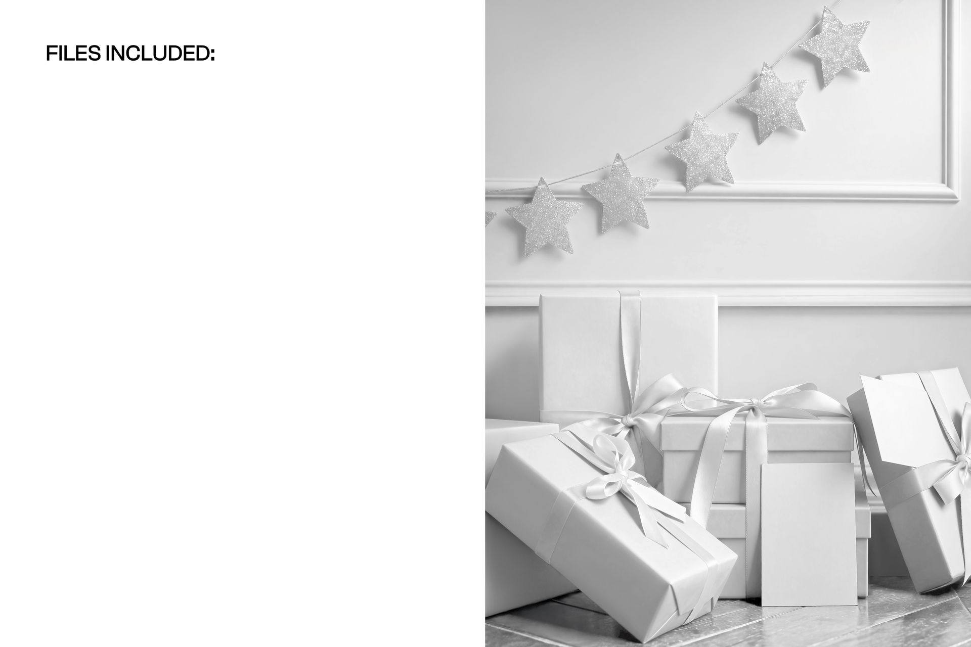 Multiple gift boxes with ribbons arranged in a corner, featuring a star-shaped garland on the wall in a packaging mockup scene.