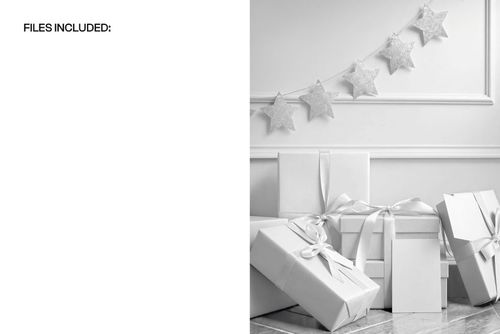 Multiple gift boxes with ribbons arranged in a corner, featuring a star-shaped garland on the wall in a packaging mockup scene.
