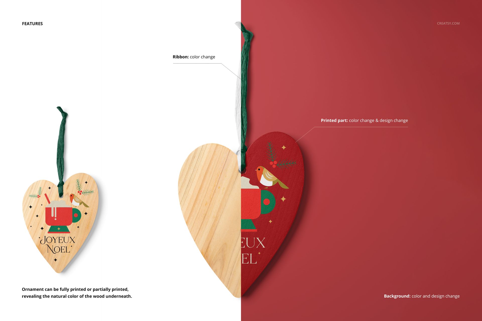 Heart-shaped wooden ornament mockup with festive print, shown on split background with red and natural wood tones.